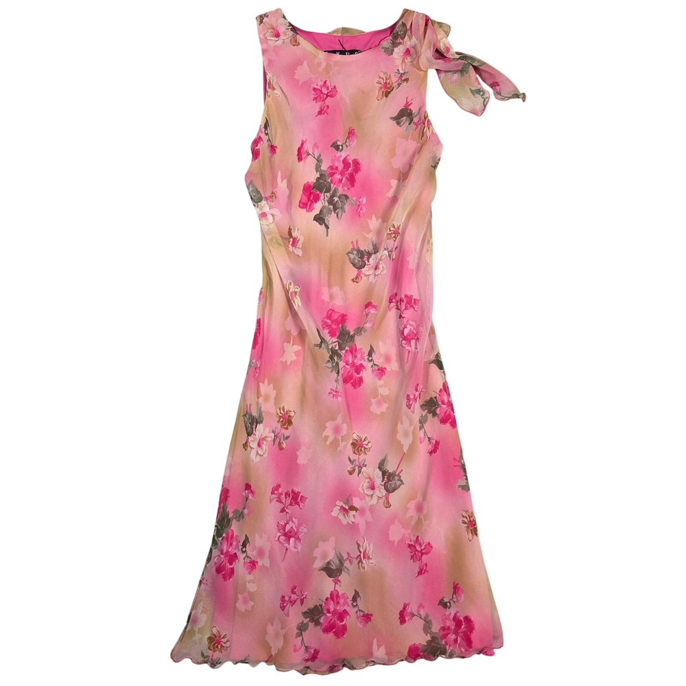 Hype Pink Floral Chiffon Midi Dress Sleeveless Shoulder Tie Bow 16 Y2k Tea Party